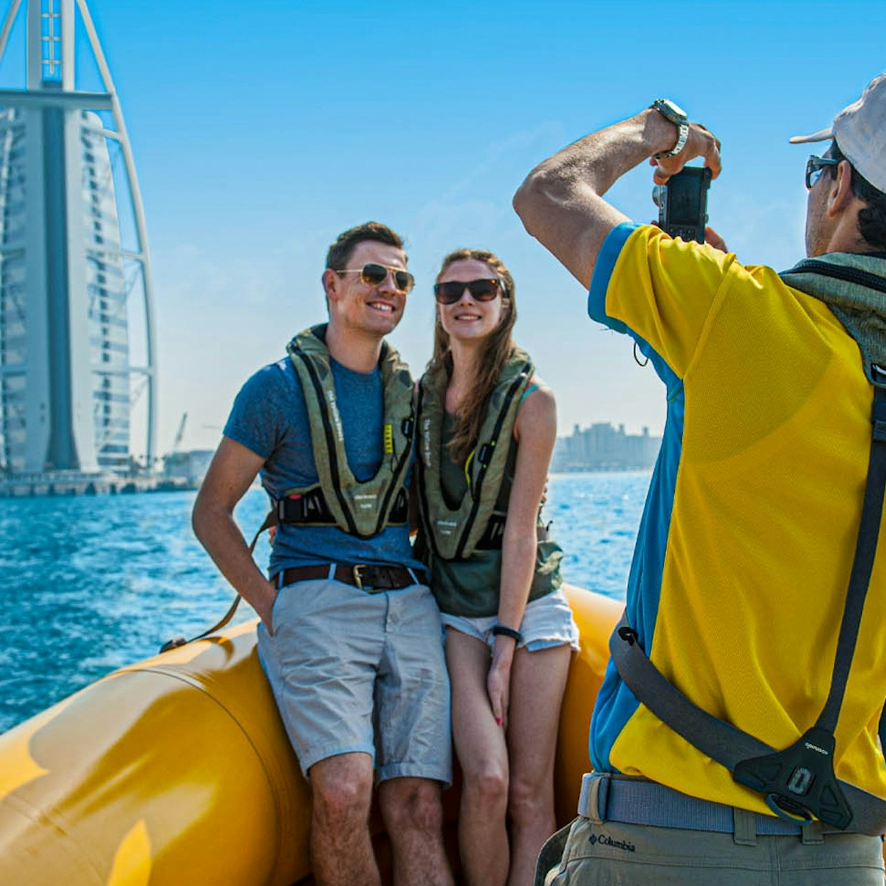 Glide along Dubai’s stunning coastline capturing memories with friends against the backdrop of iconic landmarks and azure waters all while enjoying the refreshing sea breeze on your boat tour.